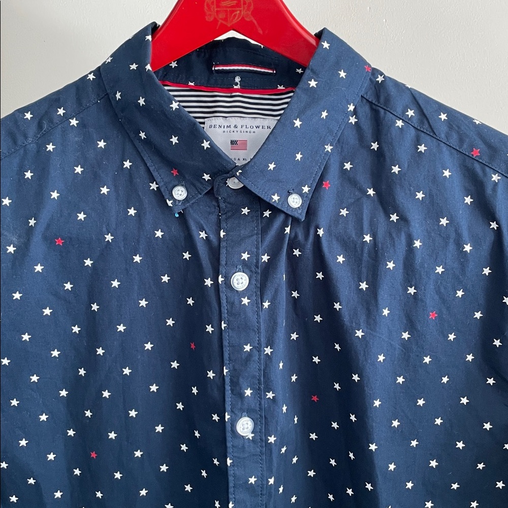 Denim & Flower Freedom Navy and White Stars Short Sleeve ButtonShirt Size‎ XL - Picture 2 of 8